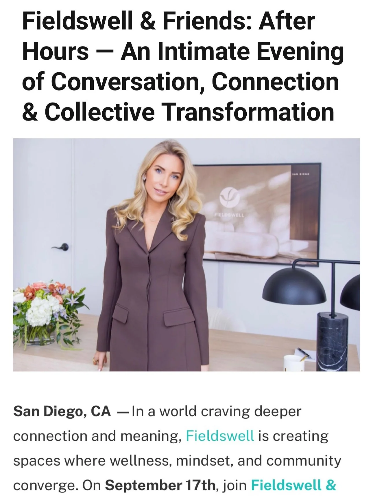 A few tickets remain to join us tomorrow night in La Jolla for Fieldswell & Friends: After Hours!
We’re honored to be featured in SD Weekly and thrilled to partner with our presenting sponsor, the Los Angeles Tribune, and its CEO Moe Rock,