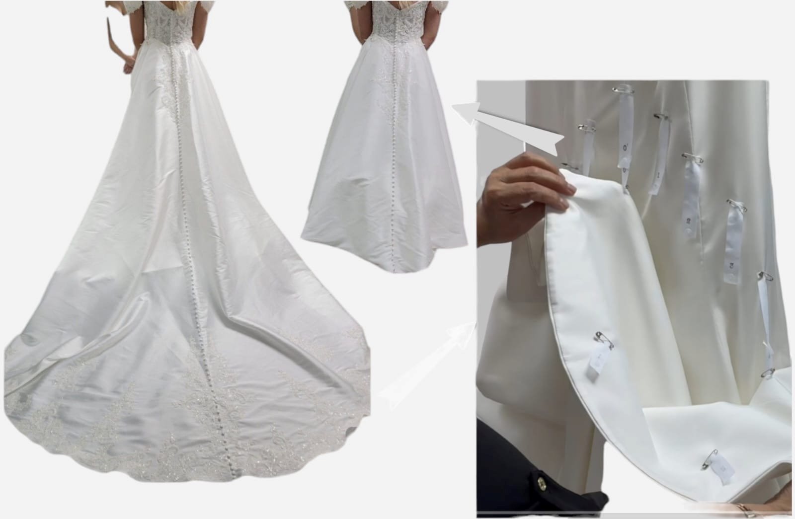 2 different angled photos of the back of a wedding dress and one up close photo of the bustle snap straps in use