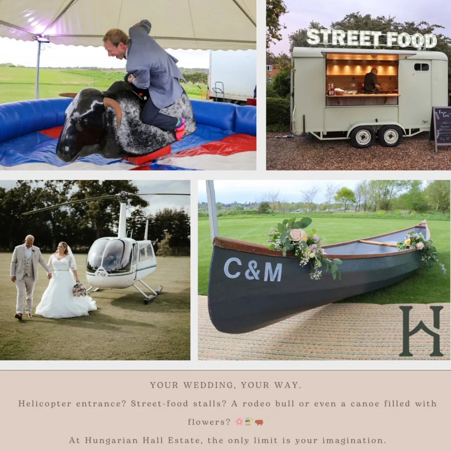 Your wedding,&nbsp;your way.
Helicopter entrance? Street-food stalls? A rodeo bull or even a canoe filled with flowers?&nbsp;🌸🚁🐂
At&nbsp;Hungarian Hall Estate, the only limit is your imagination.
Come chat with us and let&rsquo;s make your dream d