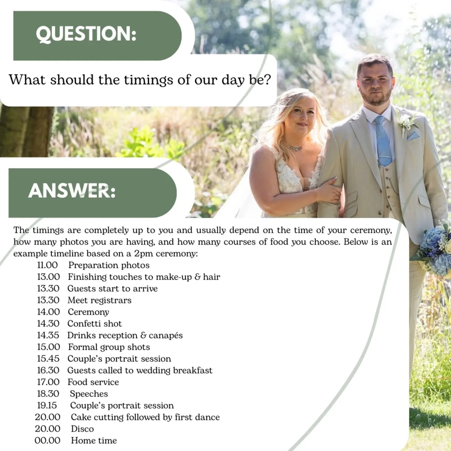 Planning your big day?&nbsp;🤍&nbsp;Your wedding timeline is completely flexible and built around&nbsp;you&nbsp;&mdash; your ceremony time, your photos, and your food choices.

Here&rsquo;s an example schedule based on a 2pm ceremony to help you visu