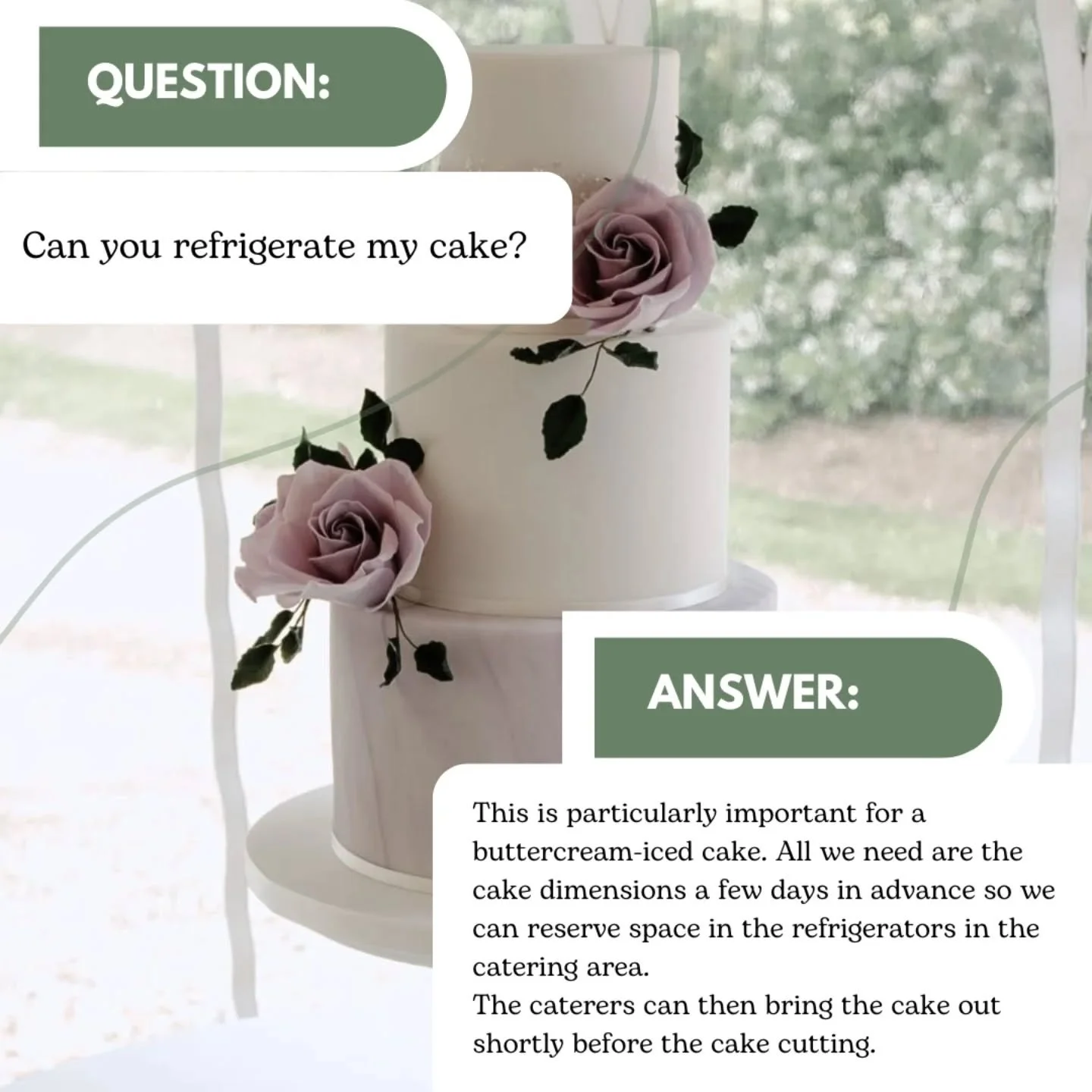 Planning a buttercream cake?&nbsp;🎂

Just send us the cake dimensions a few days in advance so we can reserve fridge space in the catering area and keep everything looking flawless.

Your cake will be brought out shortly before the cake cutting &mda