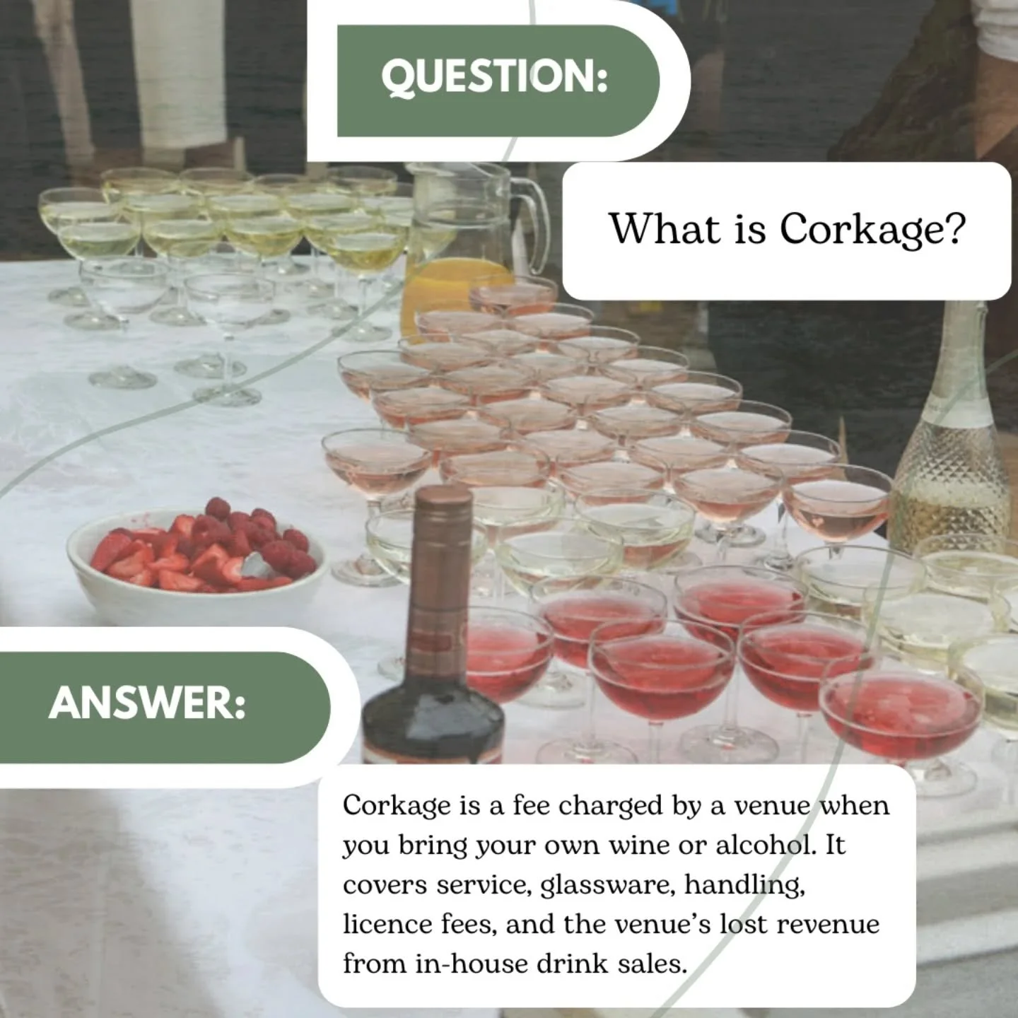 🍷&nbsp;What is corkage?

&nbsp;

Corkage is a fee charged by a venue when you bring your own wine or alcohol. It covers service, glassware, handling, licence fees, and the venue&rsquo;s lost revenue from in-house drink sales.

&nbsp;

As part of our