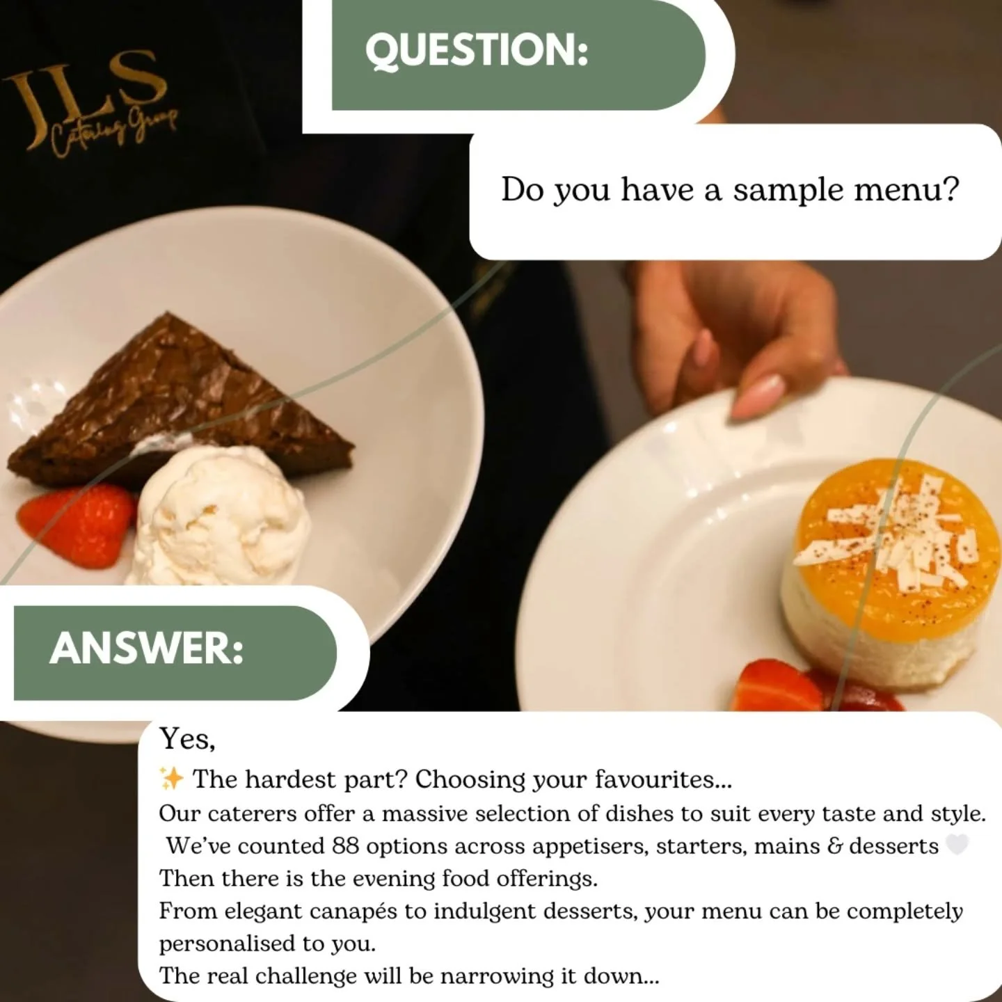 ✨&nbsp;Sample Wedding Menu&nbsp;✨

Canap&eacute;s
Yorkshire pudding &amp; beef | Mini shepherd&rsquo;s pie | Pork belly (honey &amp; soy) | Duck &amp; hoisin cups | Salt &amp; pepper squid | Smoked salmon pinwheels

Starters
Duck filo basket | Prawn 