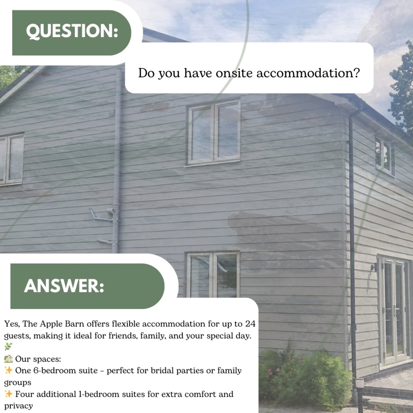 The Apple Barn offers&nbsp;flexible accommodation for up to 24 guests, making it ideal for friends, family, and your special day.&nbsp;🌿

🏡&nbsp;Our spaces:
✨&nbsp;One 6-bedroom suite &ndash; perfect for bridal parties or family groups
✨&nbsp;Four 