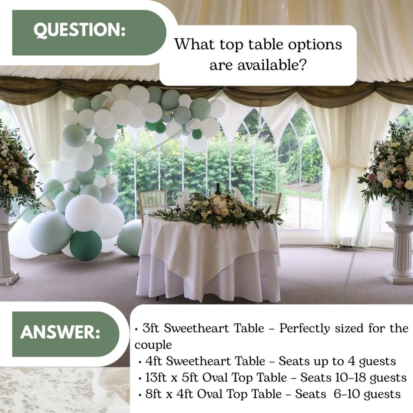 Choosing your top table is all about the vibe you want for your big day 🤍

Whether it&rsquo;s an intimate 3ft sweetheart table just for the two of you, a 4ft option for a small bridal party, or a statement 13ft oval top table seating up to 18 guests