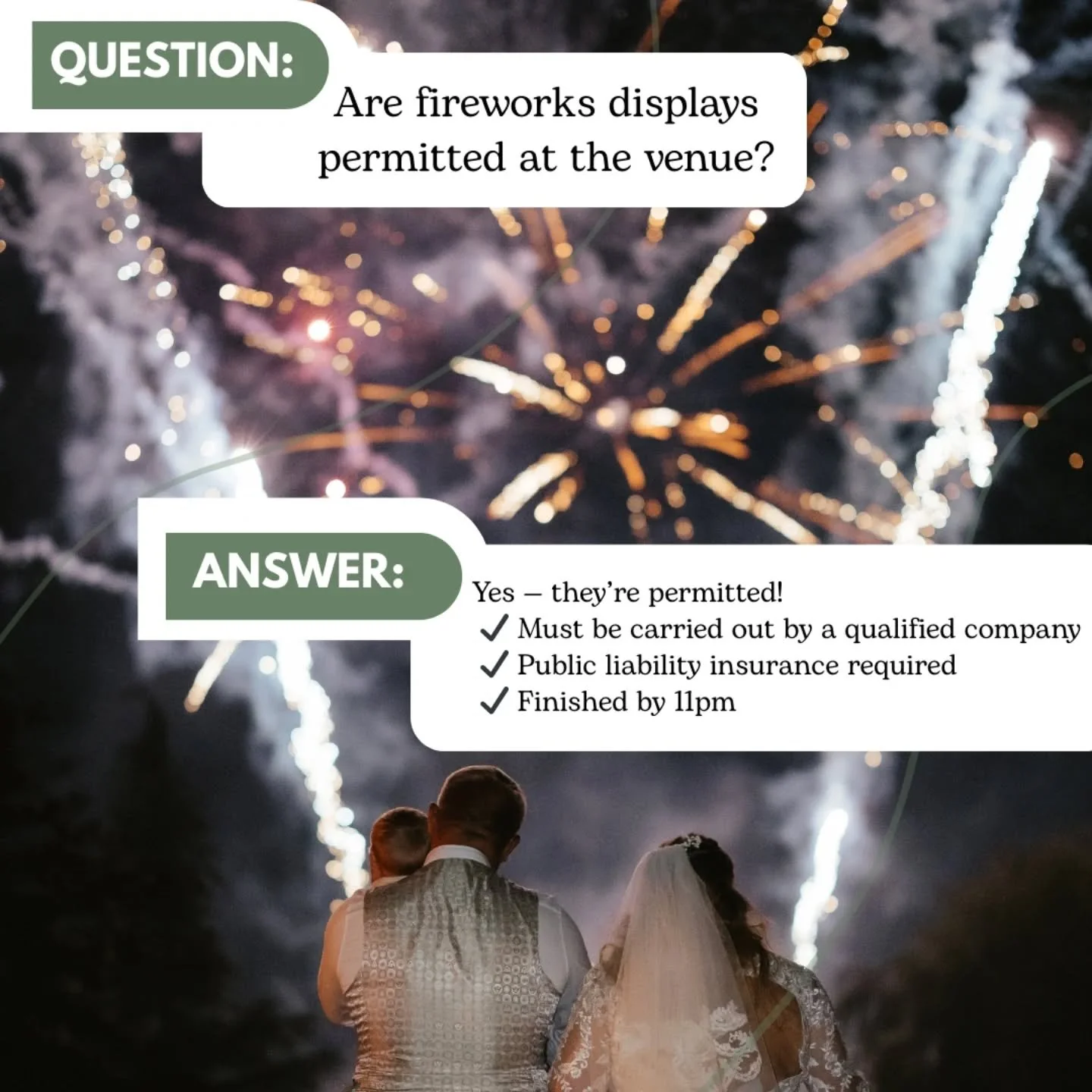 Planning a fireworks moment?&nbsp;🎆

Yes &mdash; they&rsquo;re permitted!
✔&nbsp;Must be carried out by a qualified company
✔&nbsp;Public liability insurance required
✔&nbsp;Finished by 11pm

Let&rsquo;s make it a night to remember&nbsp;✨

Tomorrow&