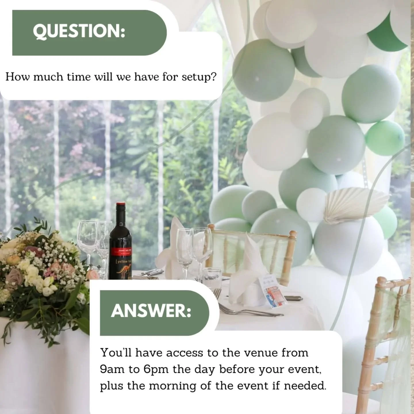 You&rsquo;ll have the venue from 9am&ndash;6pm the day before, plus the morning of if you need those final touches&nbsp;✨

And if you&rsquo;re going full DIY like this couple with their balloon arch&hellip; just know you might use every minute (and a