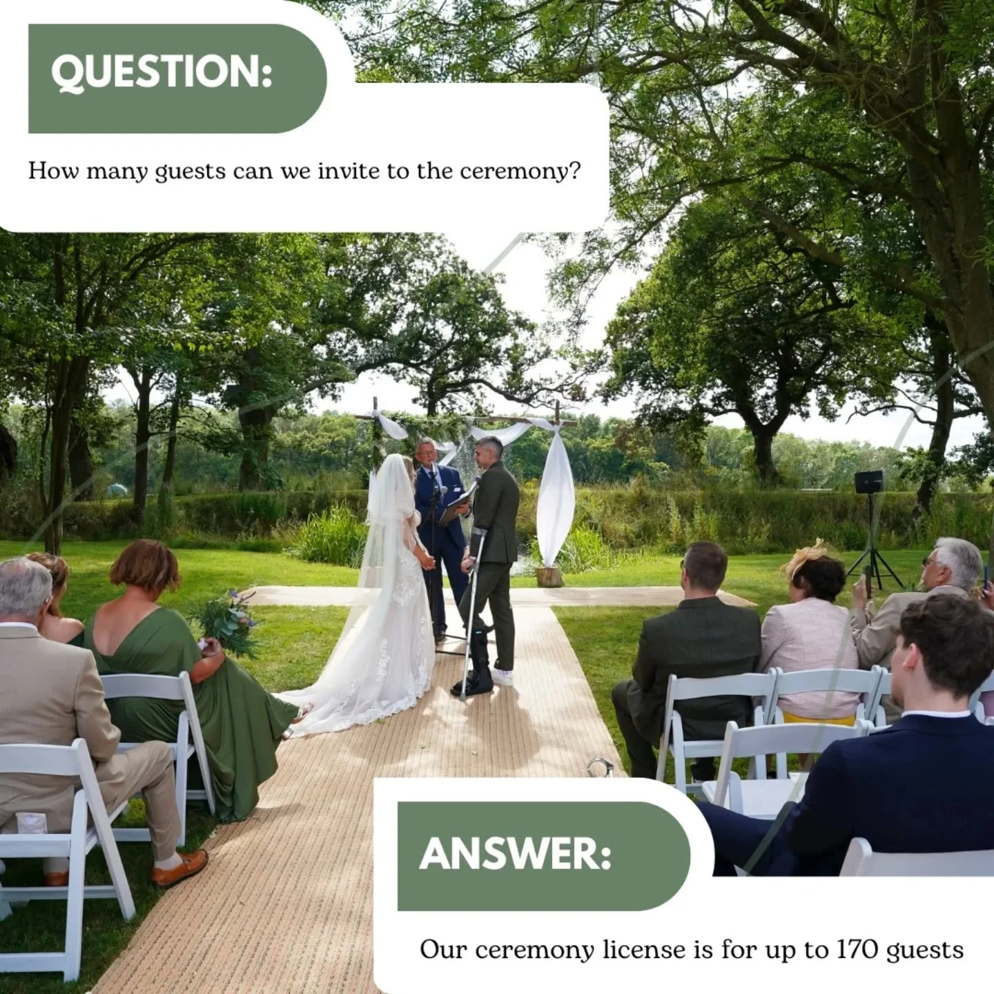 Up to 170 guests for your ceremony&nbsp;🤍✨

Plenty of space to celebrate with all your favourite people &mdash; and you can invite even more to join the party for the evening do&nbsp;🥂🎉

The more, the merrier&nbsp;💫

Next question &lsquo;Can we h