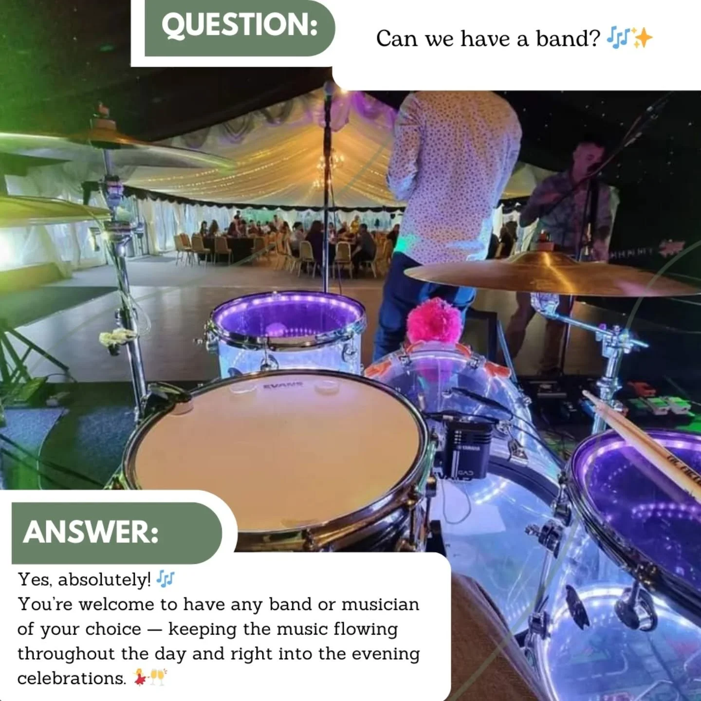Live music all day? Yes please&nbsp;🎶✨

You&rsquo;re welcome to choose any band or musician you love &mdash; from aisle moments to evening dance floor anthems&nbsp;💃🥂

Your vibe, your soundtrack, your day&nbsp;🤍

Tomorrow&rsquo;s question &lsquo;