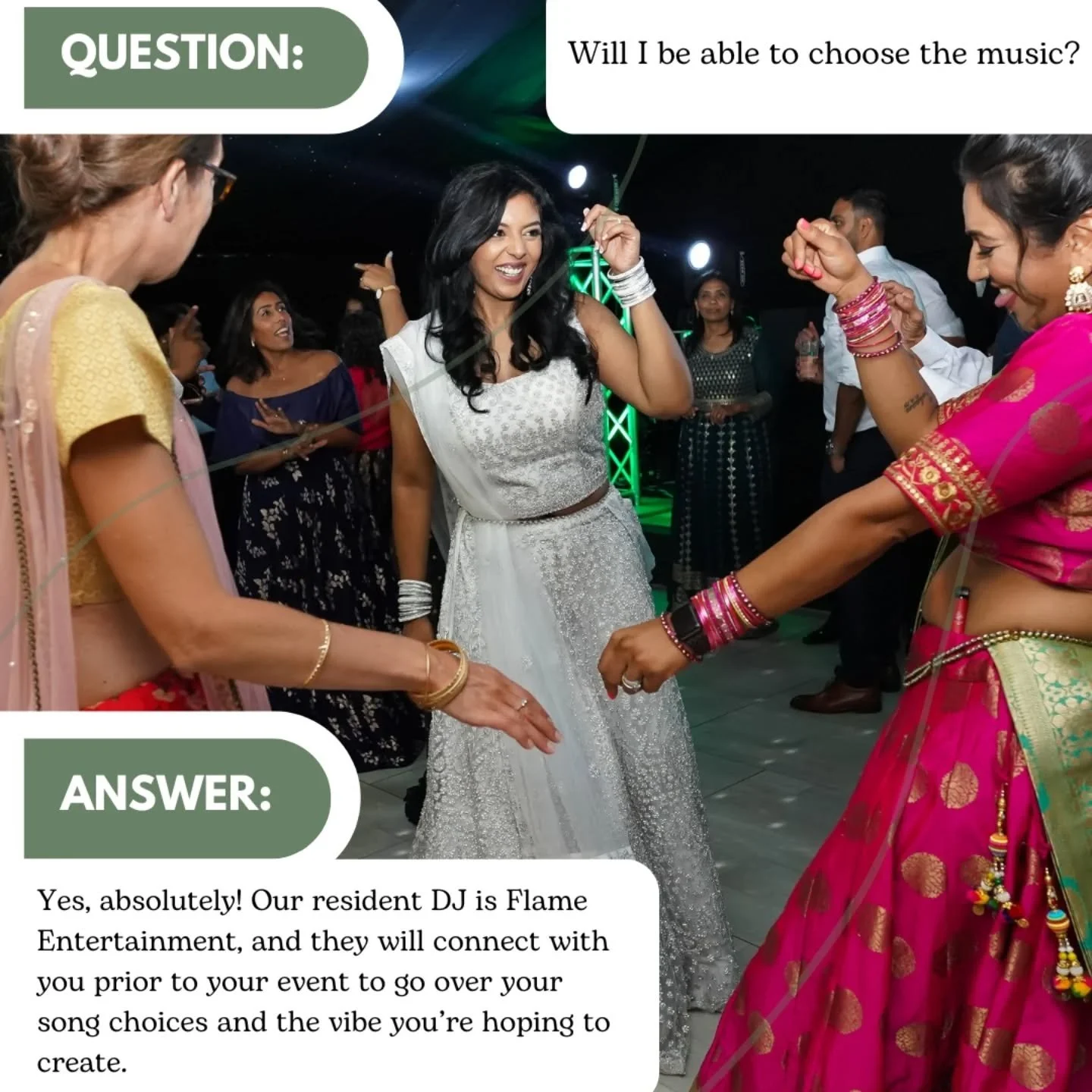🎶&nbsp;Our resident DJ, Flame Entertainment, will connect with you before your event to go over your song choices and the vibe you&rsquo;re hoping to create. From romantic moments to dance-floor hits, we&rsquo;ll help bring your perfect soundtrack t