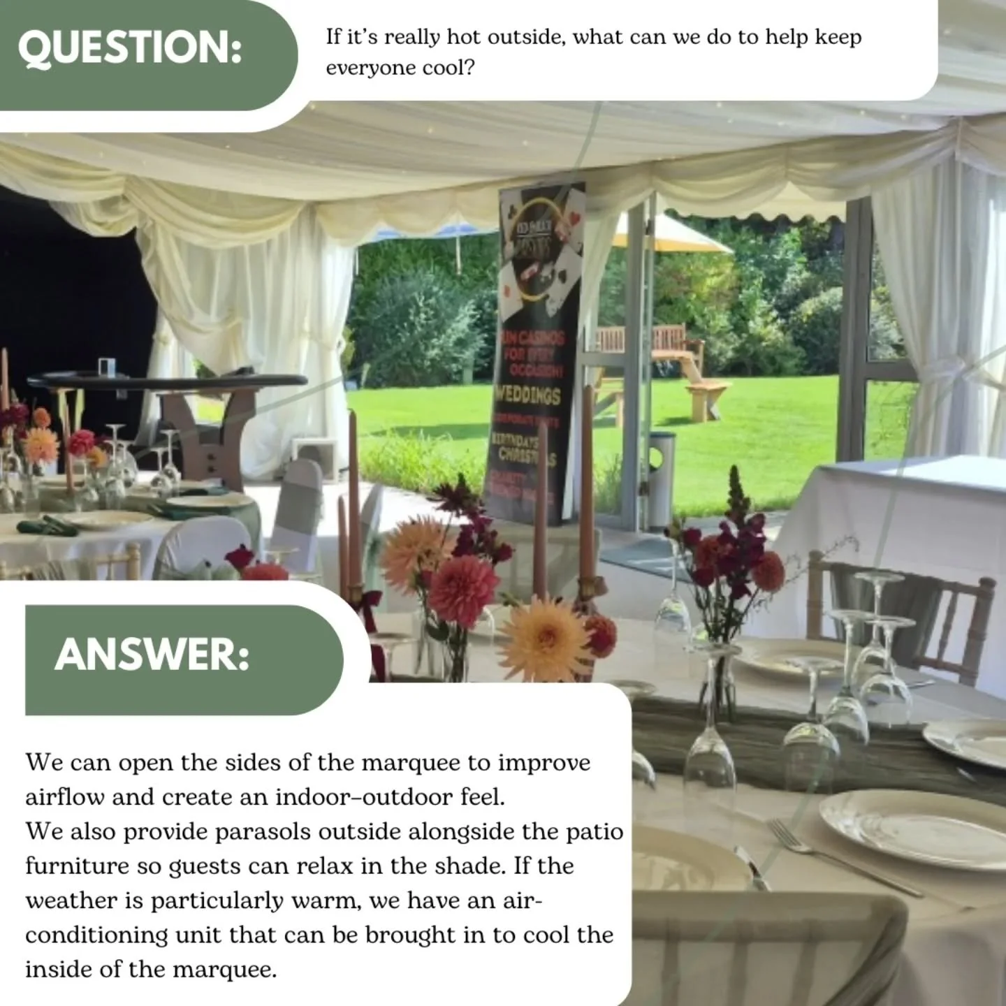 Keeping your guests comfortable is just as important as celebrating your big day&nbsp;🤍

Our marquee sides can be opened for extra airflow and that beautiful indoor&ndash;outdoor feel. Outside, parasols and patio furniture offer the perfect shady sp
