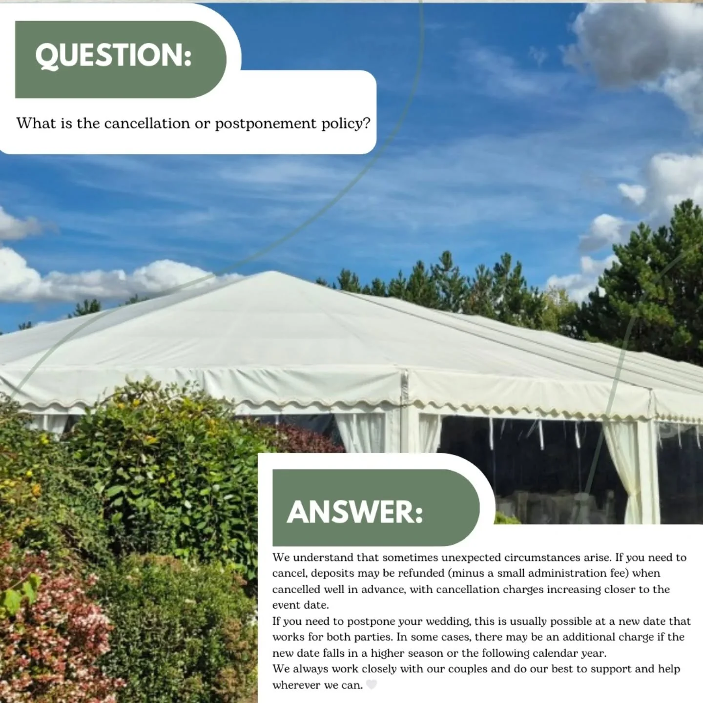 We know that no one plans for things to change, but sometimes unexpected circumstances arise.&nbsp;🤍

If a wedding needs to be cancelled, deposits may be refunded (minus a small administration fee) when cancelled well in advance, with cancellation c