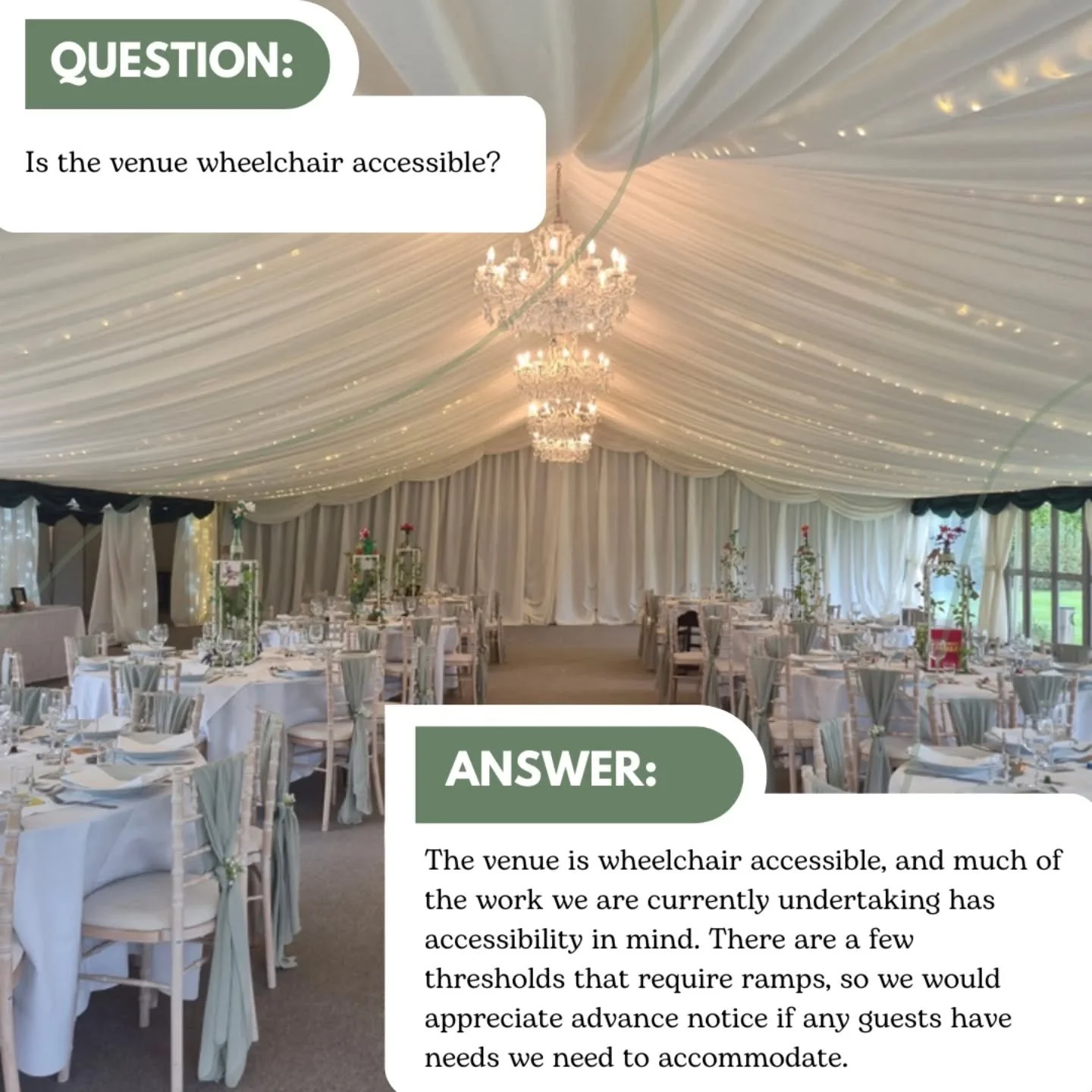 Accessibility matters to us&nbsp;🤍

Our venue is wheelchair accessible, and we&rsquo;re continually making improvements to ensure everyone feels welcome and comfortable. There are a few thresholds that may require ramps, so if you or your guests hav