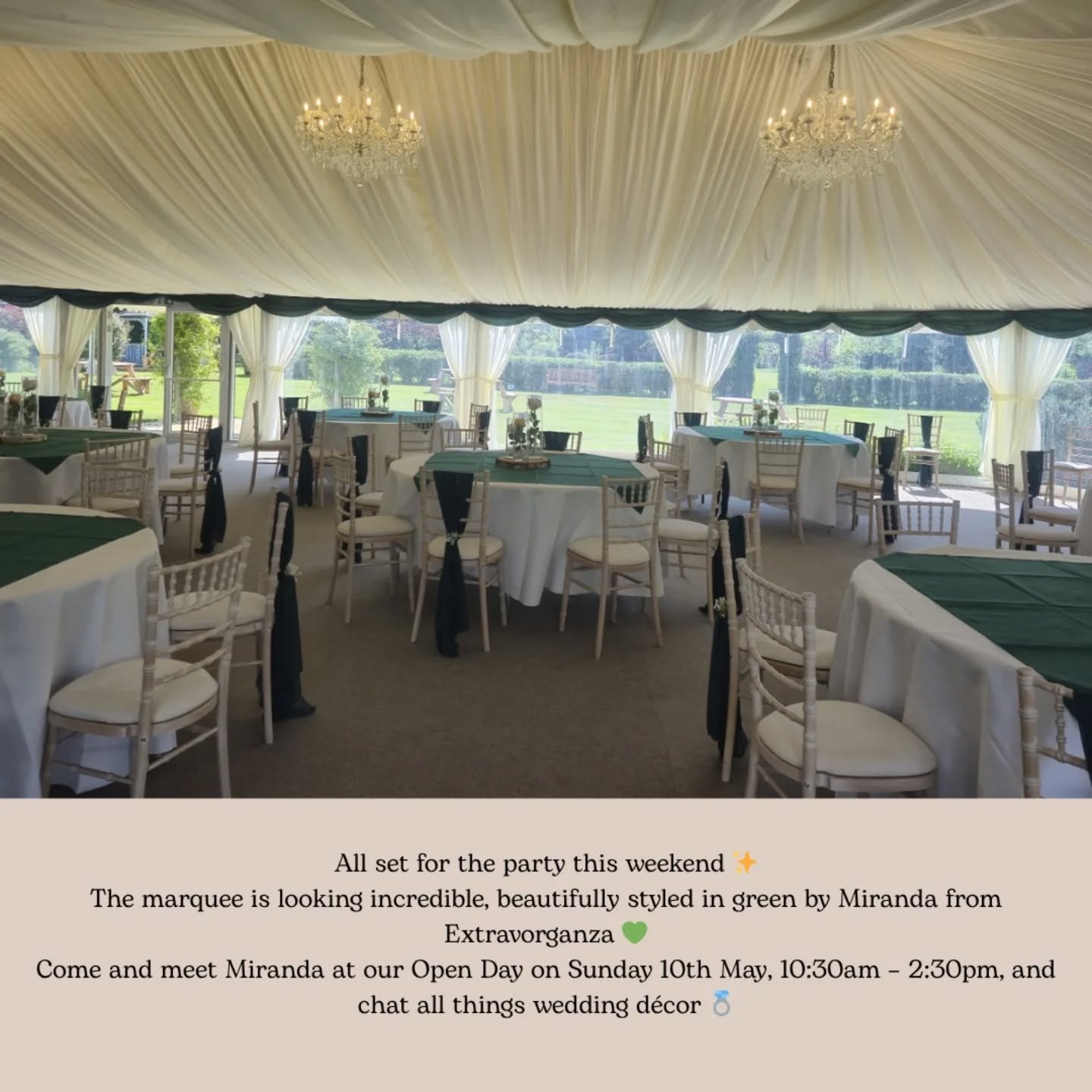 All set for the party this weekend&nbsp;✨

The marquee is looking incredible, beautifully styled in green by Miranda from Extravorganza&nbsp;💚

Come and meet Miranda at our Open Day on Sunday 10th May, 10:30am &ndash; 2:30pm, and chat all things wed