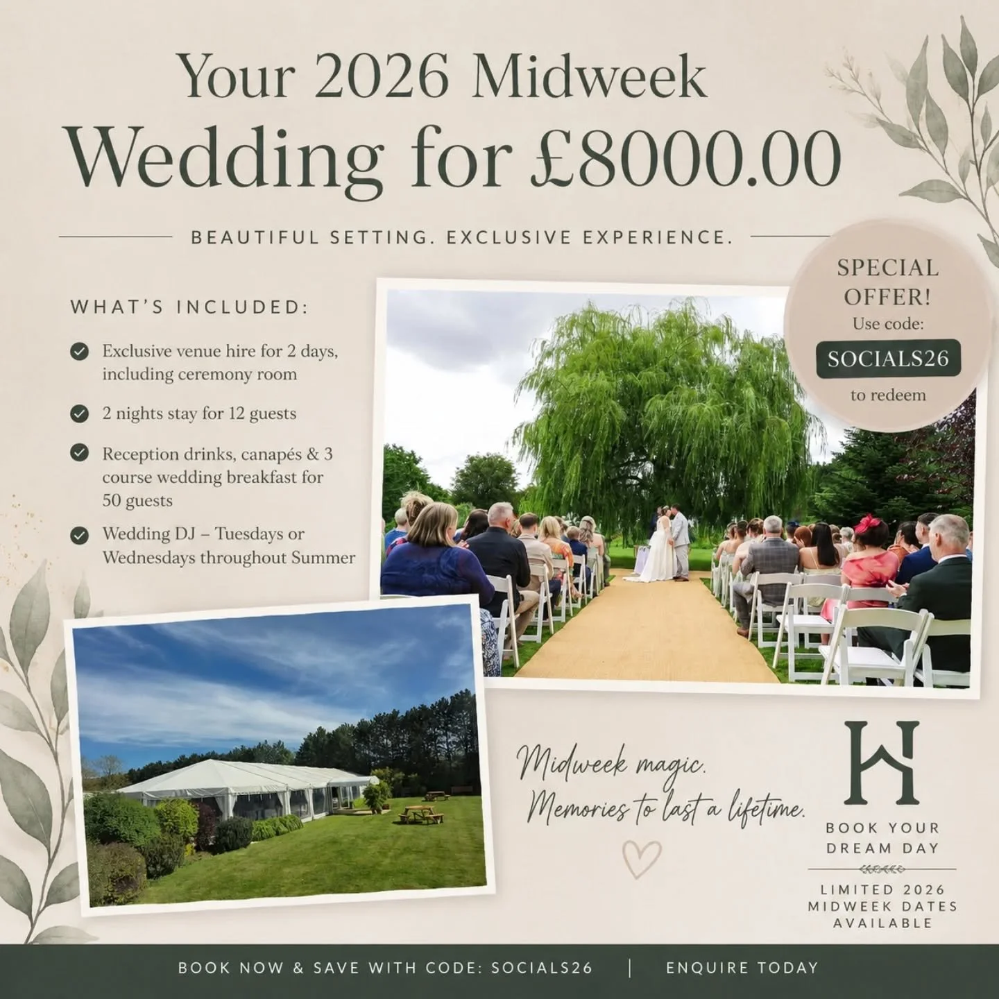 ✨&nbsp;Say &ldquo;I do&rdquo; to a stunning 2026 midweek wedding for just &pound;8000&nbsp;✨

Celebrate your special day with exclusive venue hire, a 2-night stay for 12 guests, reception drinks &amp; canap&eacute;s, a 3-course wedding breakfast for 