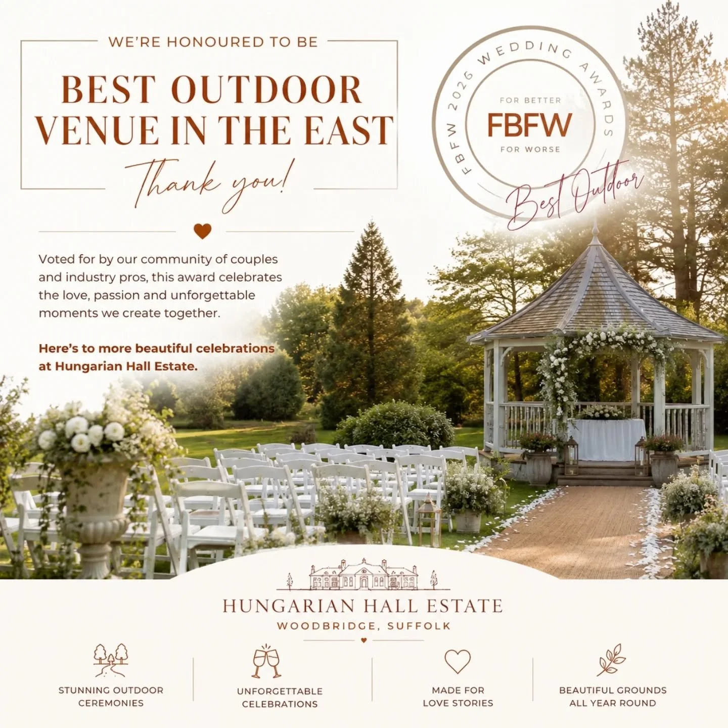 ✨&nbsp;Honoured to be recognised as
BEST OUTDOOR VENUE IN THE EAST
at the FBFW 2026 Wedding Awards.

Thank you to every couple, creative partner, and guest who made this possible. Every celebration at Hungarian Hall is built on love, unforgettable mo