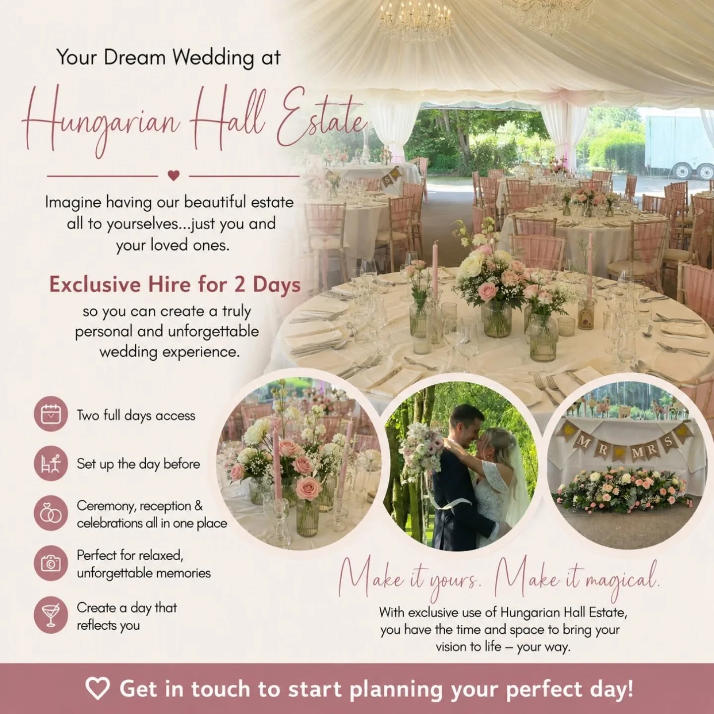 ✨&nbsp;Your wedding day should feel relaxed, personal and completely yours&nbsp;✨

At Hungarian Hall Estate, our exclusive&nbsp;2-day venue hire&nbsp;gives you the time and freedom to create a celebration that truly reflects your love story&nbsp;💕

