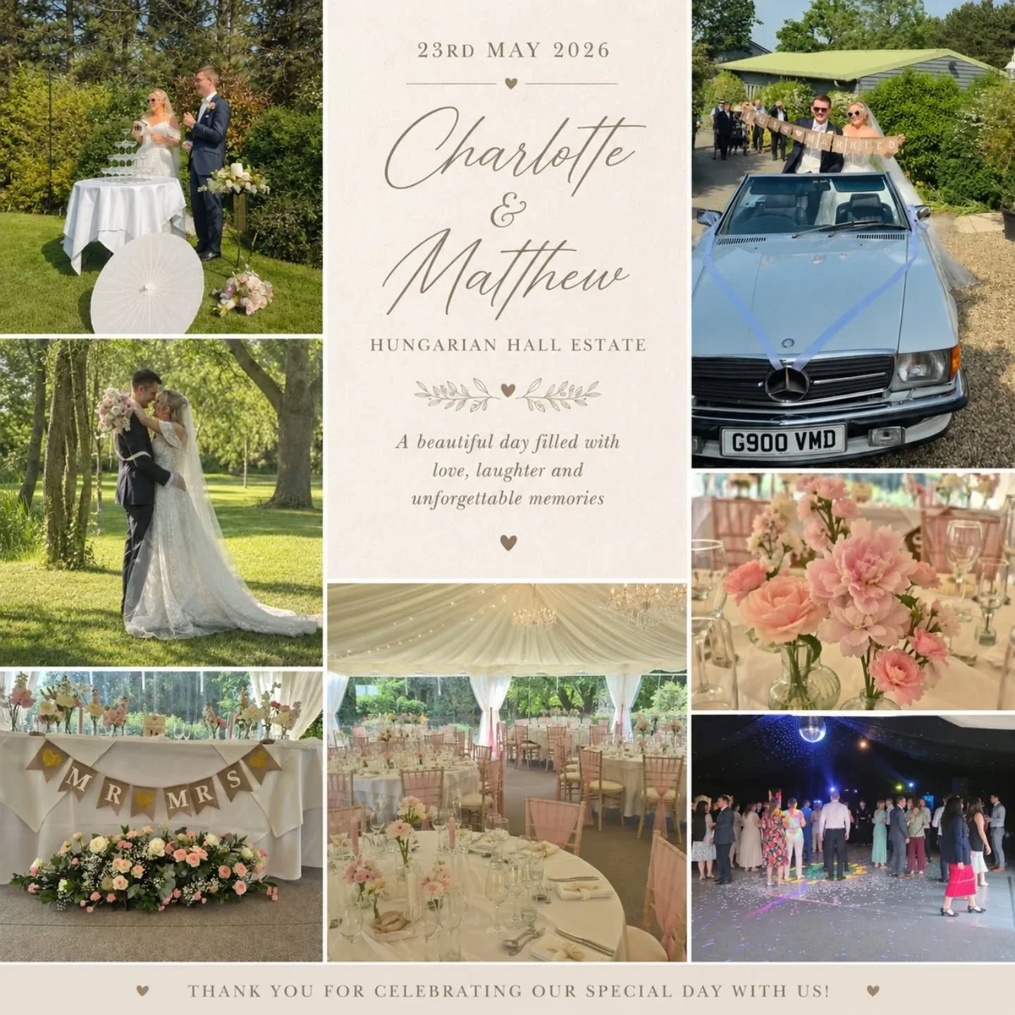 ✨&nbsp;Congratulations to Charlotte &amp; Matthew&nbsp;✨

What a beautiful day we had celebrating your wedding on 23rd May 2026 at Hungarian Hall Estate.

From the champagne tower in the sunshine and classic wedding car arrival, to stunning blush flo