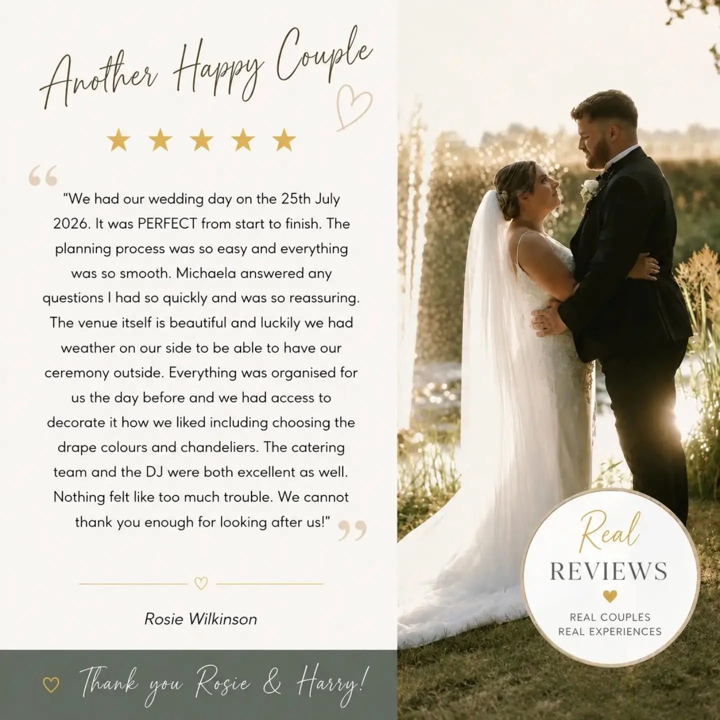 ⭐️⭐️⭐️⭐️⭐️

Reading reviews like this never gets old.&nbsp;💛

Thank you so much Rosie &amp; Harry for your kind words and for trusting us with your beautiful wedding day. Knowing you felt supported from your first enquiry right through to saying &qu