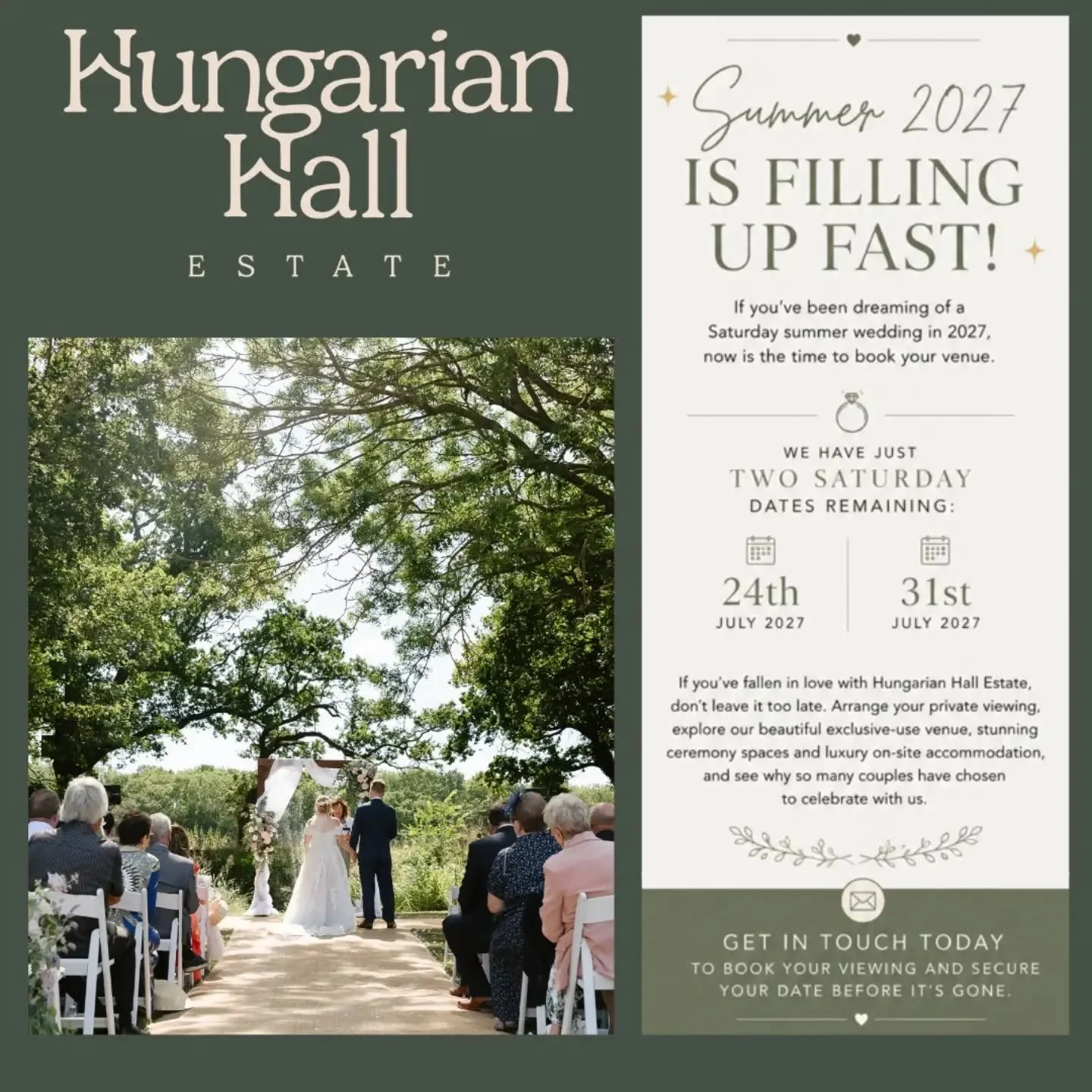 ✨&nbsp;Summer 2027 is filling up fast!&nbsp;✨

If you've been dreaming of a&nbsp;Saturday summer wedding in 2027, now is the time to book your venue.

💍&nbsp;We have&nbsp;just TWO Saturday dates remaining:
📅&nbsp;24th July 2027
📅&nbsp;31st July 20