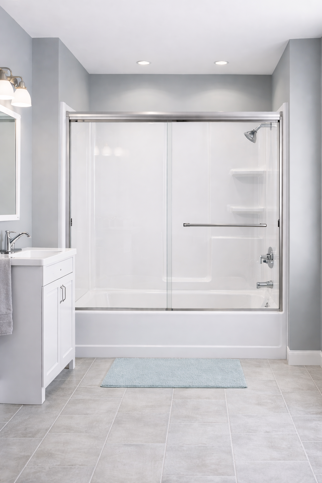 Example of an Essential bathroom refresh with glass sliding shower door and white vanity