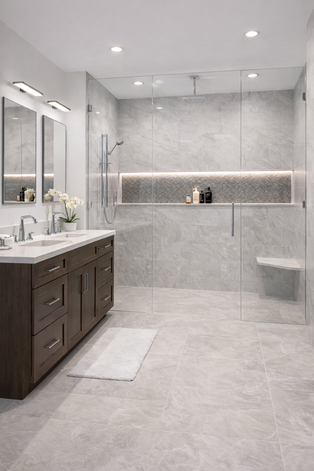 Example of a Luxury bathroom remodel with curbless walk-in shower, large-format tile and dark wood vanity