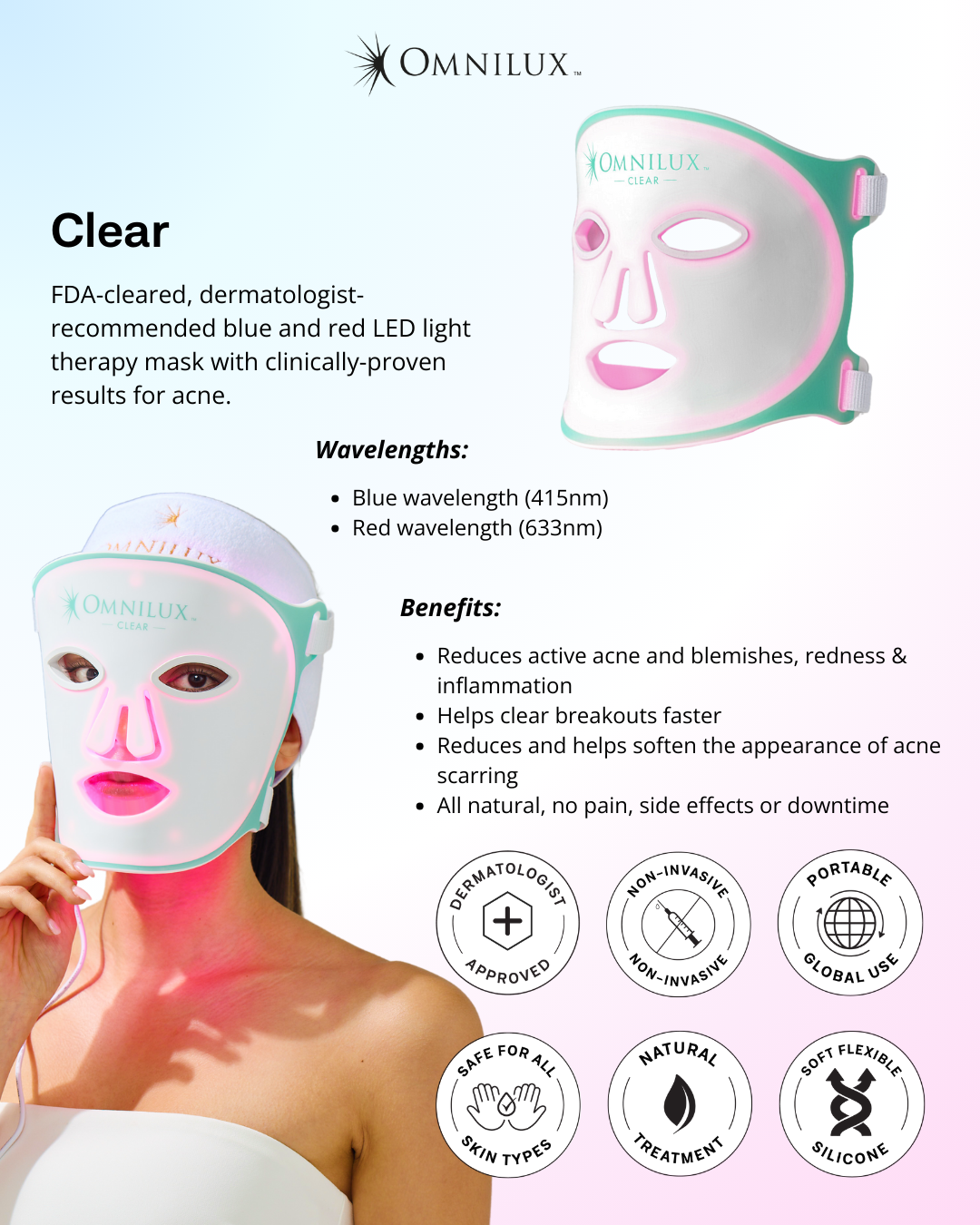 Woman using Omnilux Clear LED light therapy mask, FDA-cleared device using blue and red wavelenghs to target acne-causing bacteria and support clearer skin