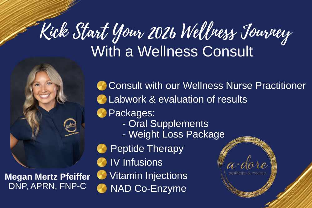 Wellness and Weight Loss Program in Omaha and Elkhorn Nebraska. Led by Nurse Practitioner Megan Mertz Pfeiffer. Includes weight loss medication, oral supplements,  peptide therapy, IV infusions, NAD, and labwork.