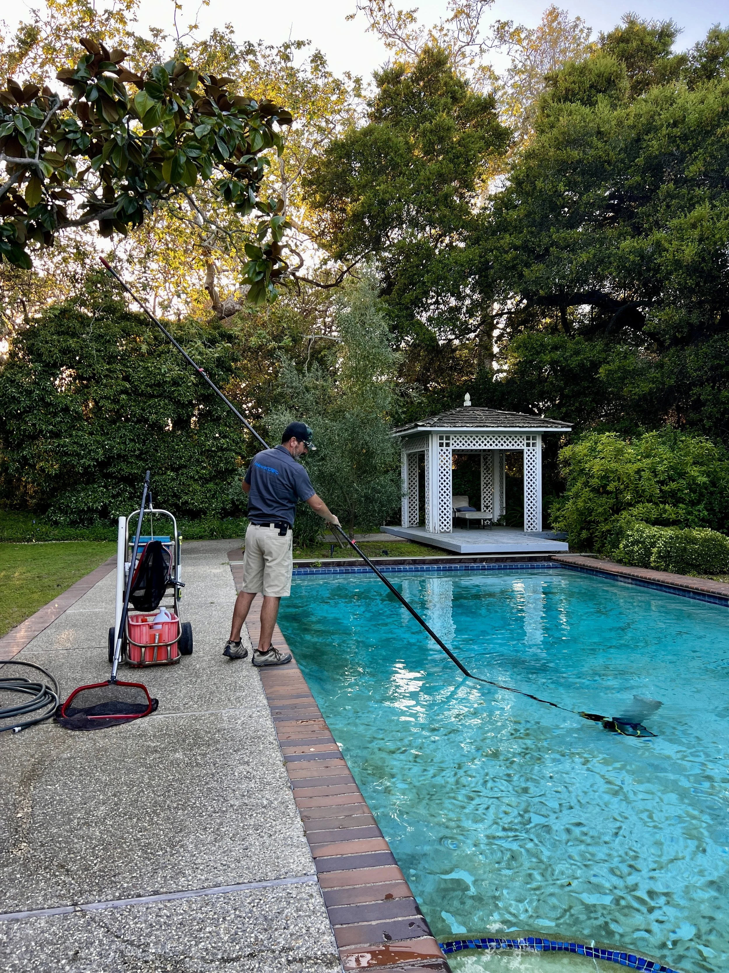 A man cleaning a backyard swimming pool with a long-handled net during daylight, with a white gazebo in the background and trees surrounding the area.