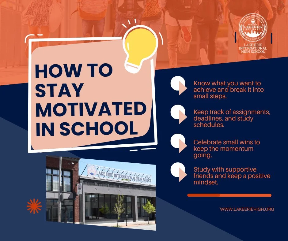 📚✨ Staying motivated in school isn’t always easy, but small steps make a big difference! Stay organized, celebrate your wins, and surround yourself with positivity. You’ve got this! 💪💙 
#StayMotivated #LakeErieInternationalHighSchoo