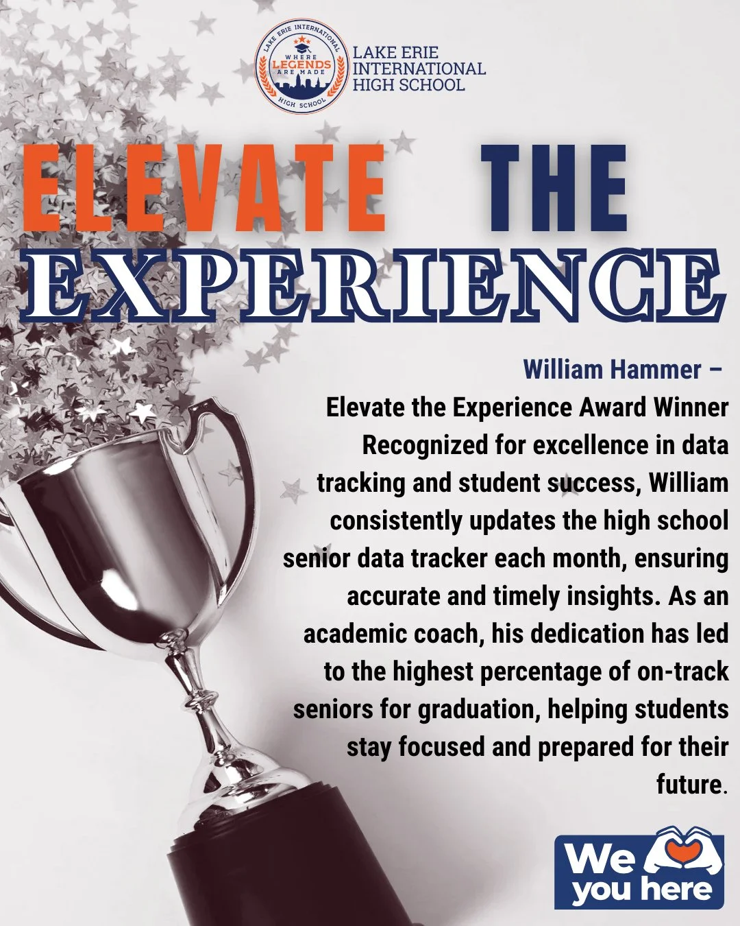 Big shoutout to William Hammer, our Elevate the Experience Award Winner this month! 🎉⁠
⁠
Through dedication, consistency, and a strong focus on student success, Mr. Hammer keeps our senior data on track and up to date every single month. Because of 
