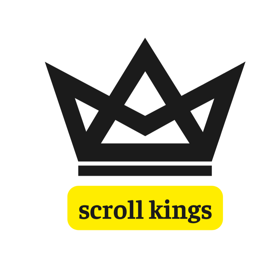 A black crown logo with yellow background and black text that says "scroll kings."