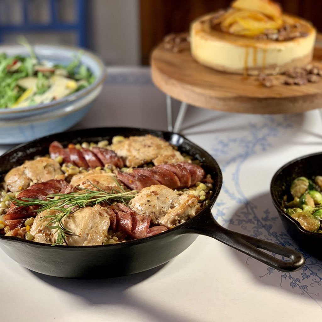 Take-home dinner in a cast iron skillet.