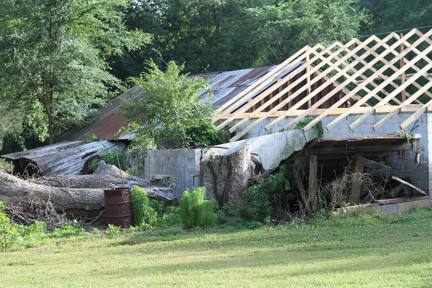 The new roof going on the block barn after a pecan tree fell on it.  I think this was 2015.
&bull;
@haley.browning 
@itmoutdoors 
@elizabethb.09