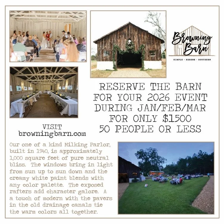 Have a small event coming up?
&bull;
Our quaint barn is perfect!
&bull;
Simple.  Serene. Southern.