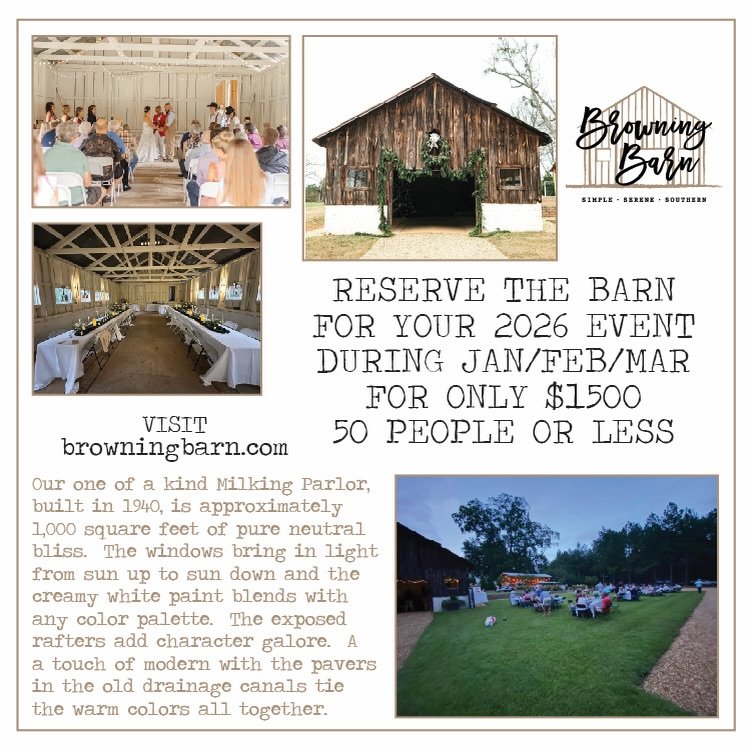 Have a small event coming up?
&bull;
Our quaint barn is perfect!
&bull;
Simple.  Serene. Southern.