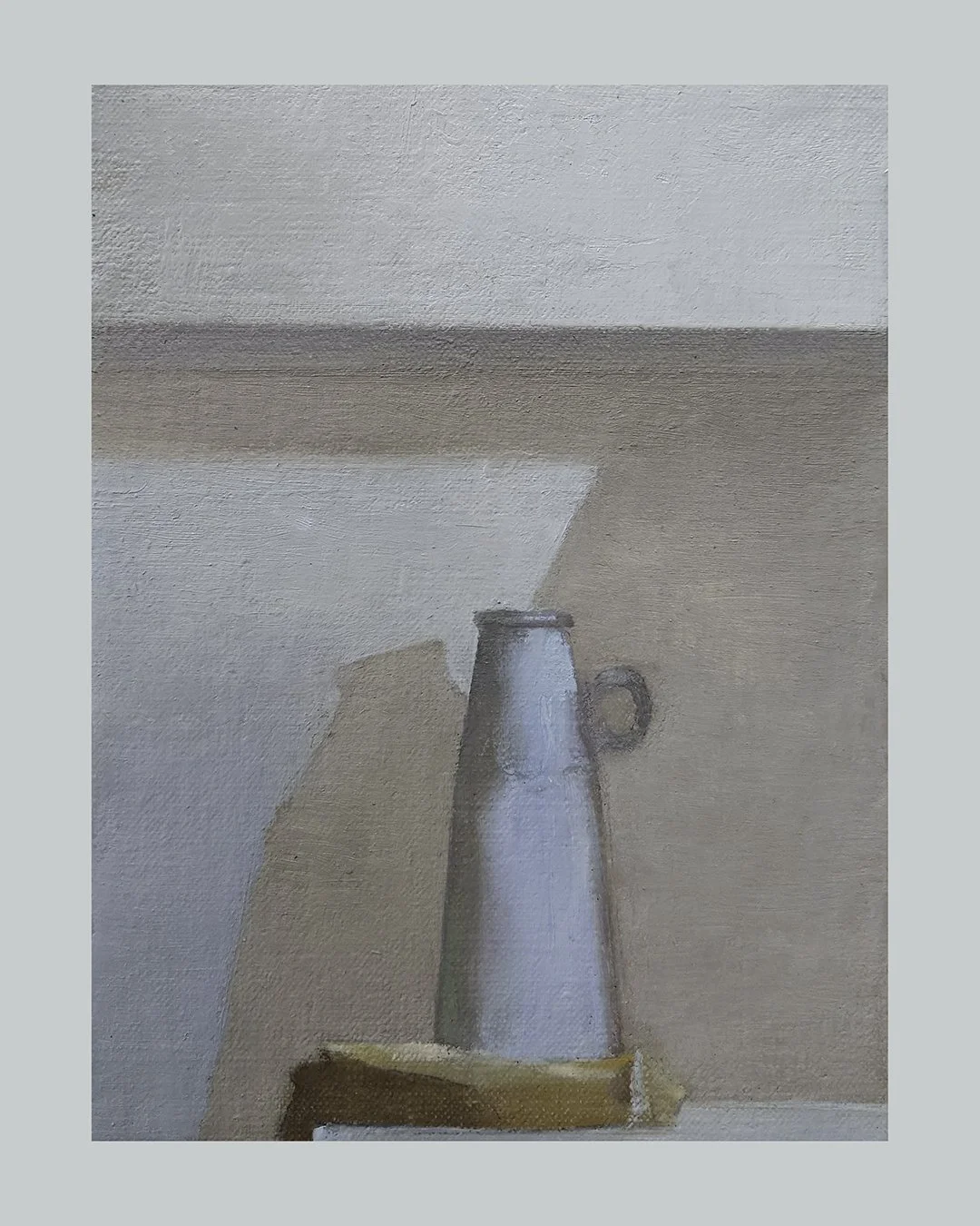 251. Blue vase, mustard-colored fabric