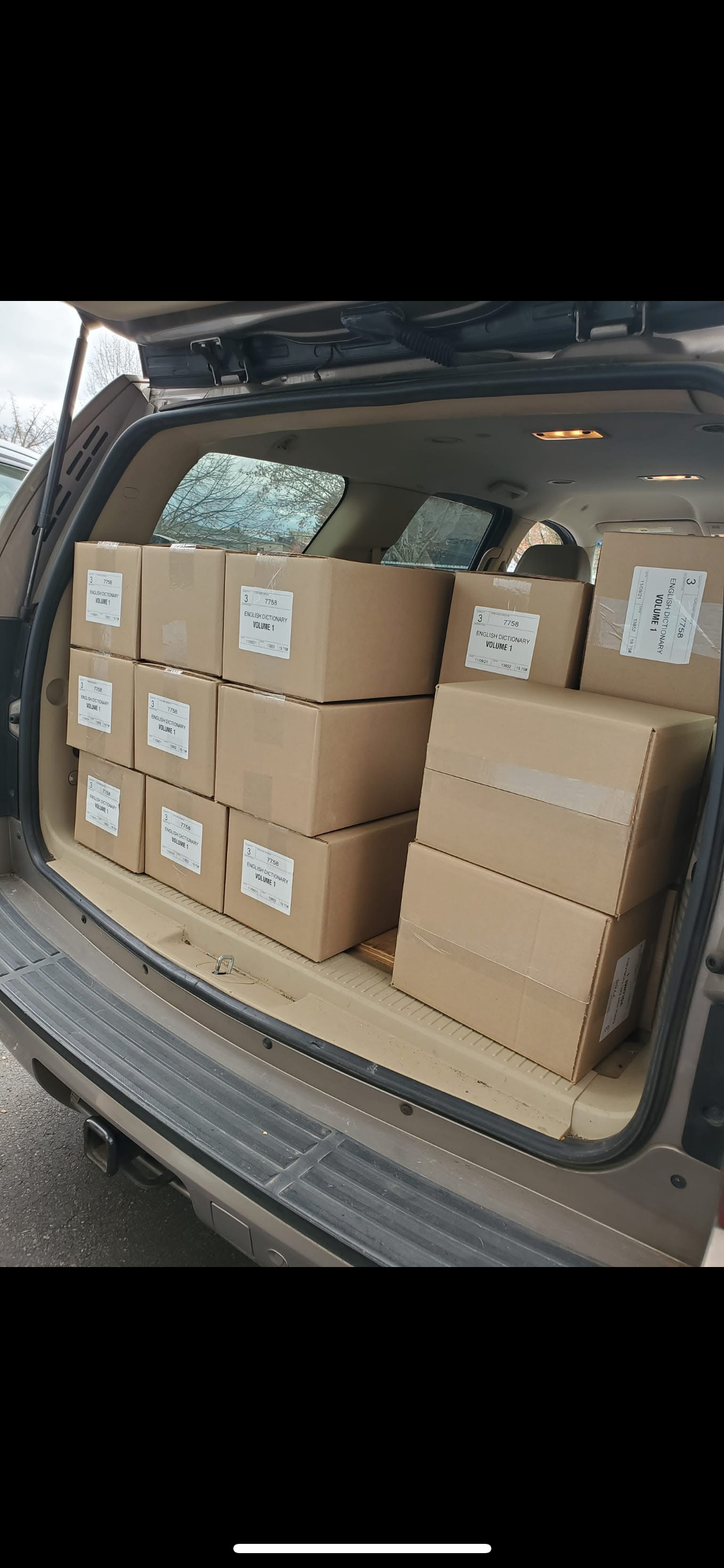 The image shows the open trunk of a vehicle filled with stacked cardboard boxes labeled 'English Dictionary Volume 1.'