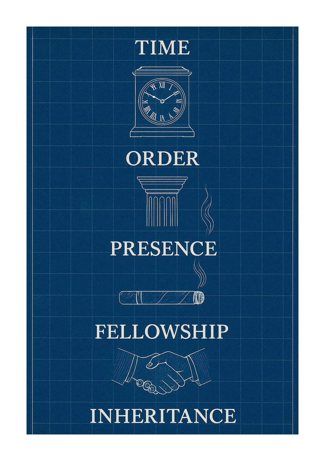 Blueprint graphic illustrating the concepts of time, order, presence, and fellowship — the principles guiding cigar ritual and capital stewardship.
