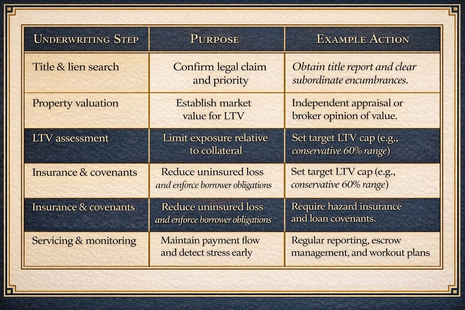 Underwriting framework for real estate-secured private credit showing title verification, property valuation, loan-to-value limits, insurance requirements, and ongoing servicing for capital preservation