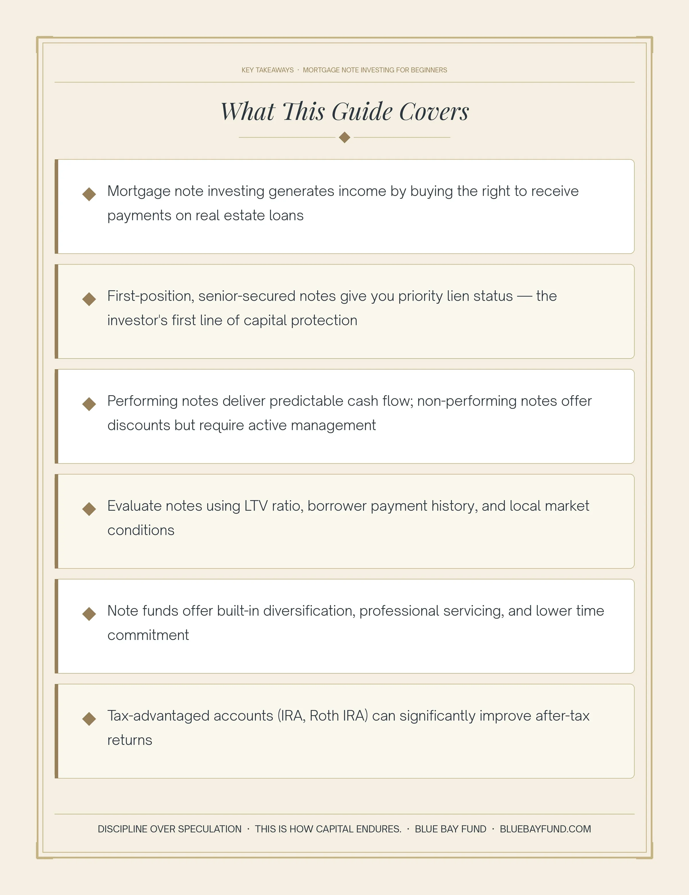 Key takeaways of mortgage note investing including passive income from real estate loans, first position lien protection, and evaluating notes using LTV and borrower history