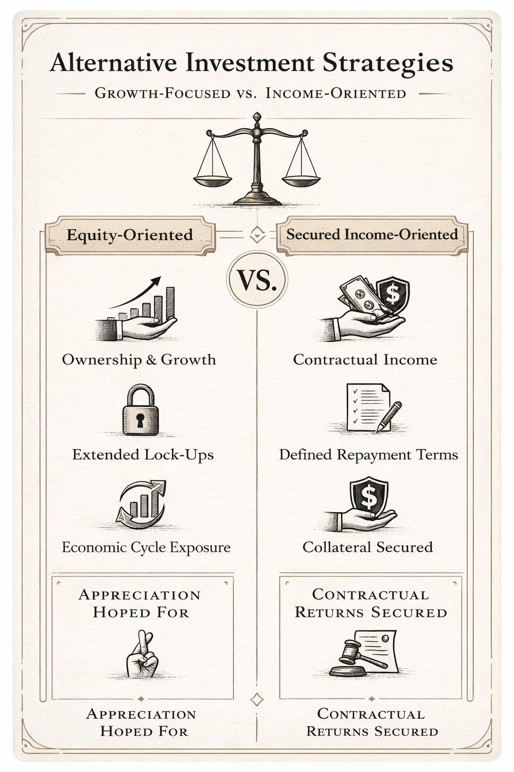 Comparison of growth focused investments versus secured income strategies in alternative investing.