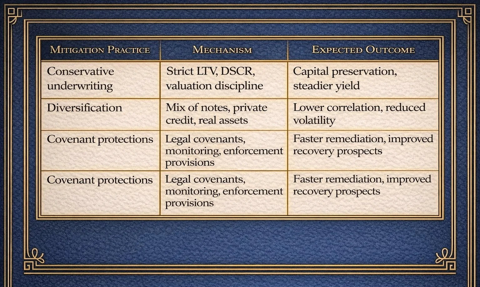 Table outlining risk mitigation practices in real estate private credit, including conservative underwriting, diversification, and covenant protections designed to preserve capital and reduce downside exposure