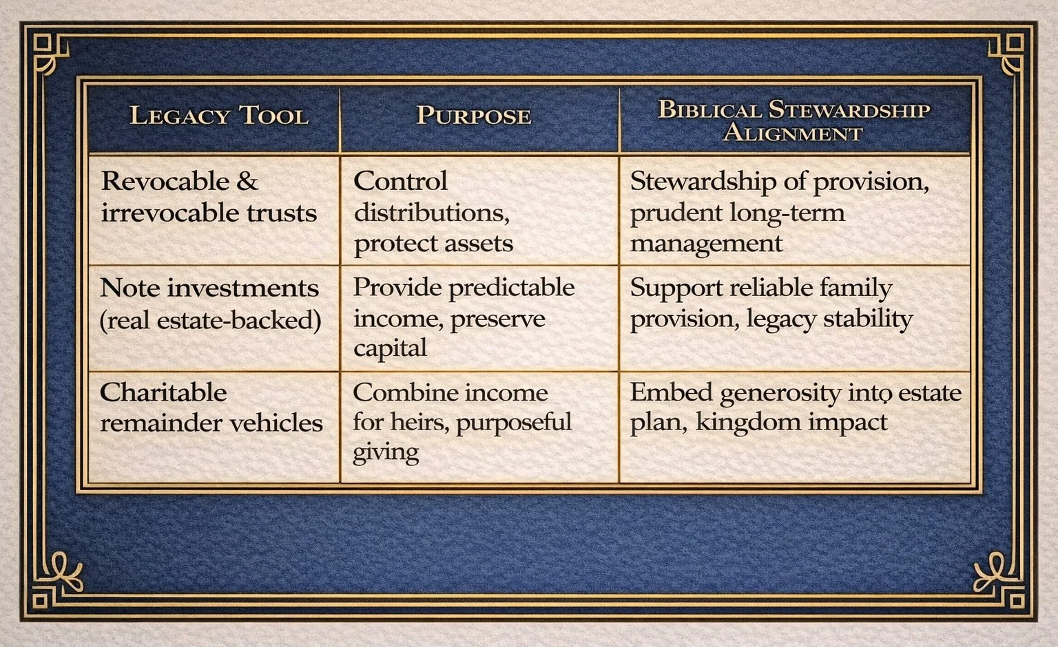 Table of legacy tools for biblical stewardship, including trusts, real estate-backed note investments, and charitable vehicles supporting wise, faith-driven financial planning