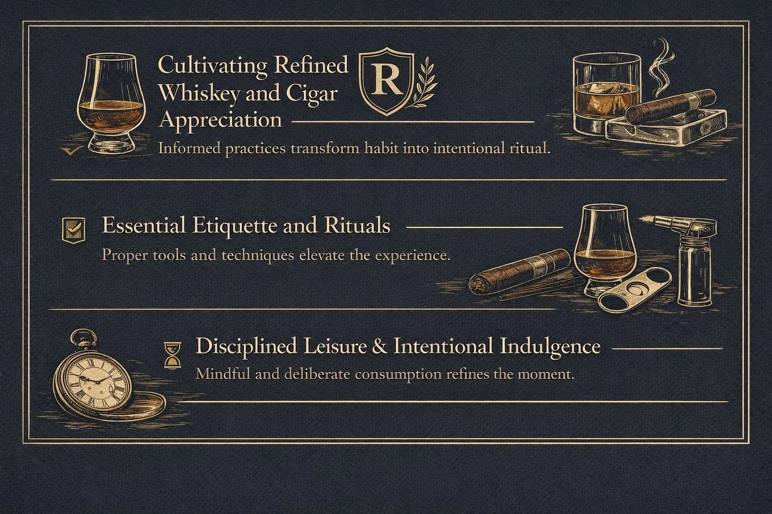 Editorial layout featuring refined whiskey and cigar appreciation, representing whiskey and cigars for gentlemen focused on presence, confidence, and intentional indulgence.