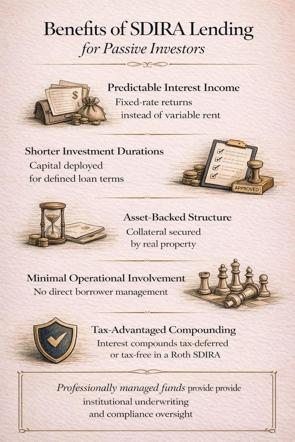 Benefits of SDIRA lending for passive investors highlighting predictable interest income, shorter loan durations, and asset-backed real estate structure.