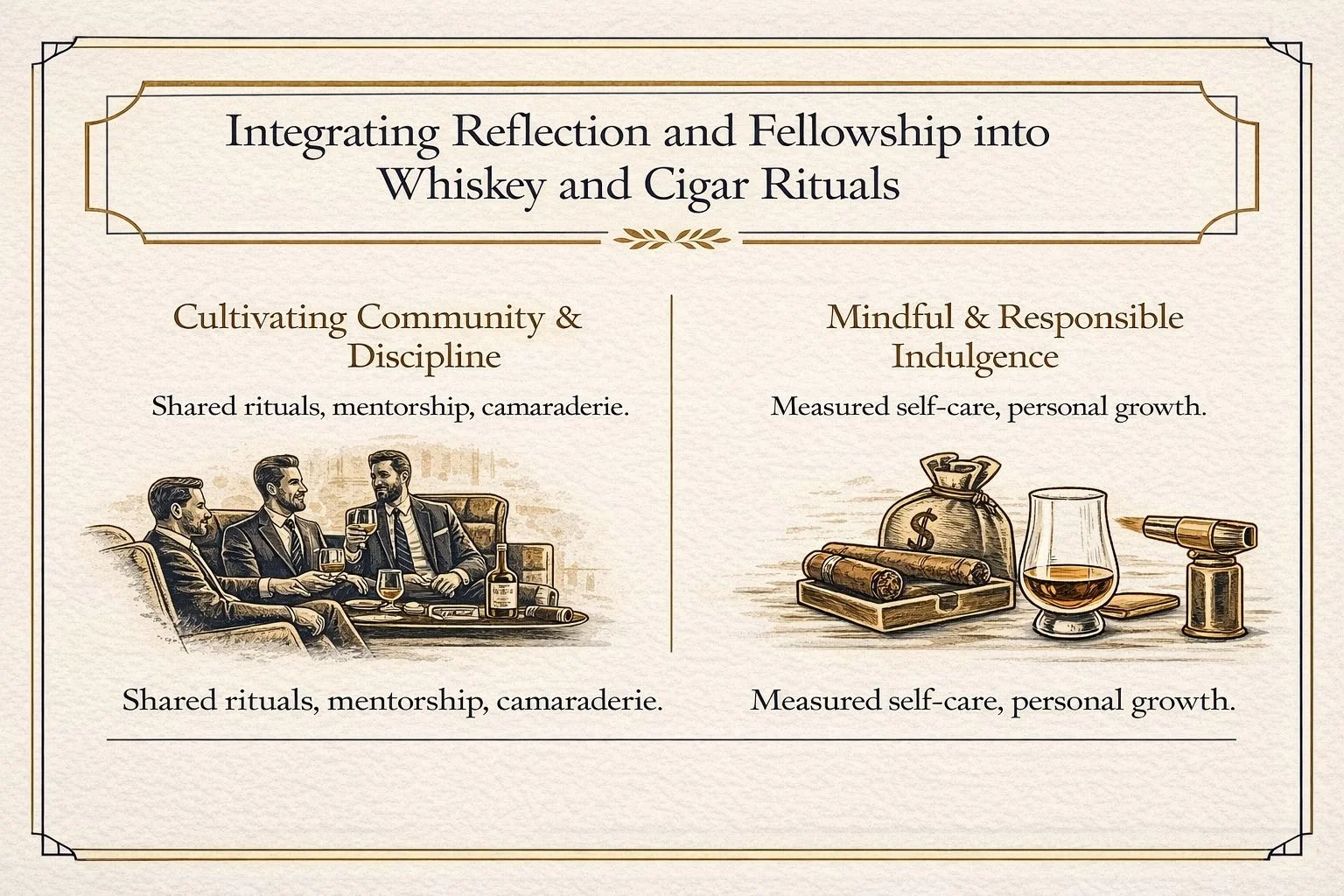 Illustration depicting reflection and fellowship within whiskey and cigar rituals, emphasizing shared conversation, mentorship, and intentional leisure for gentlemen.