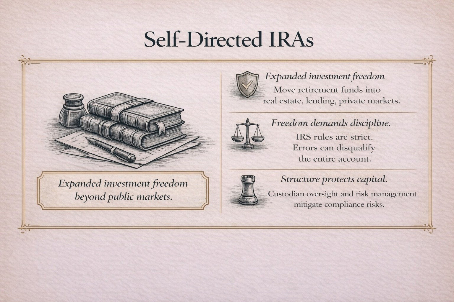 Self-Directed IRA real estate investing overview showing expanded investment options and structured risk management.