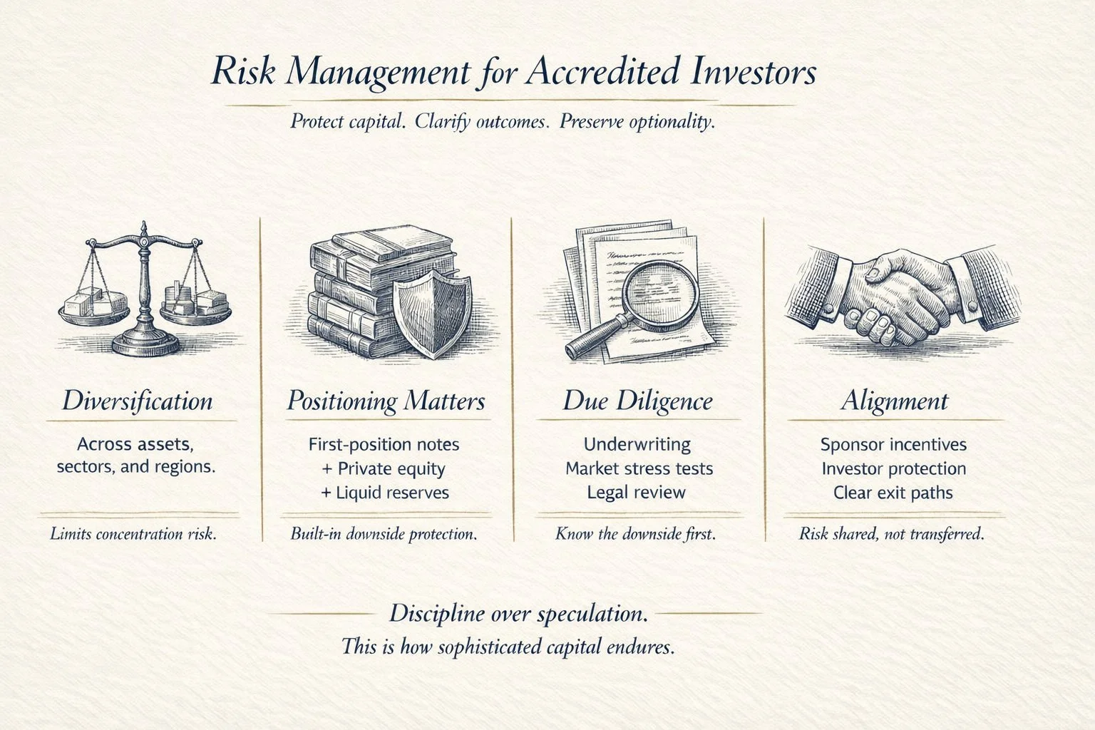 Accredited investor risk control techniques illustrated through diversification, due diligence, and alignment