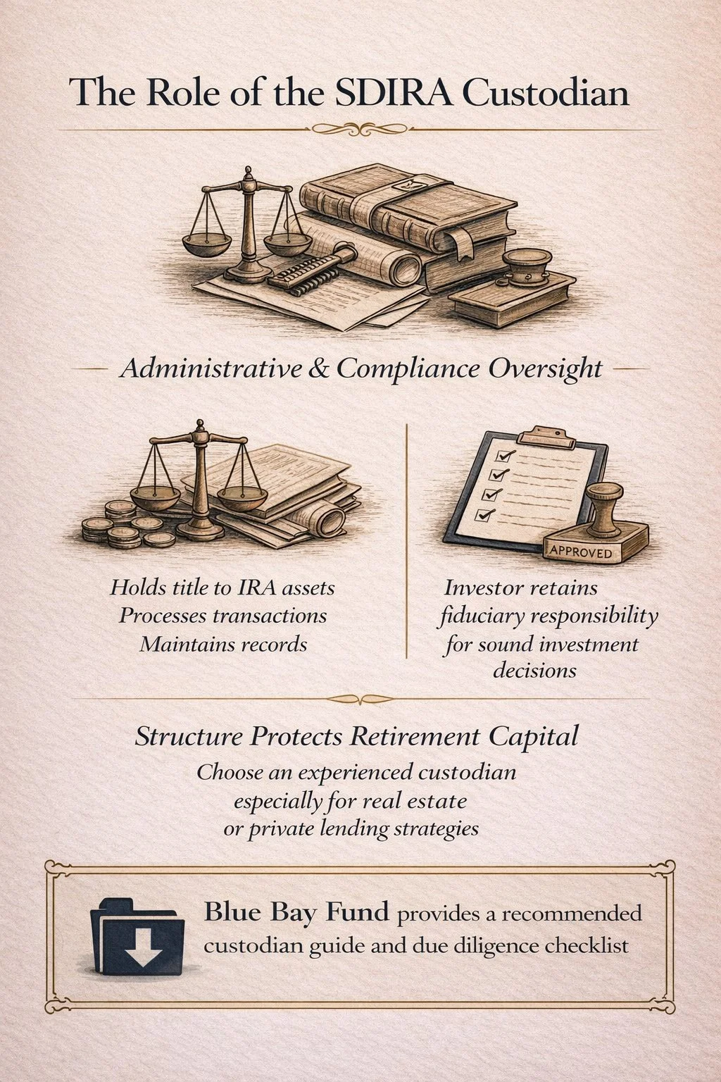 The role of the SDIRA custodian showing administrative and compliance oversight, transaction processing, recordkeeping, and investor fiduciary responsibility.